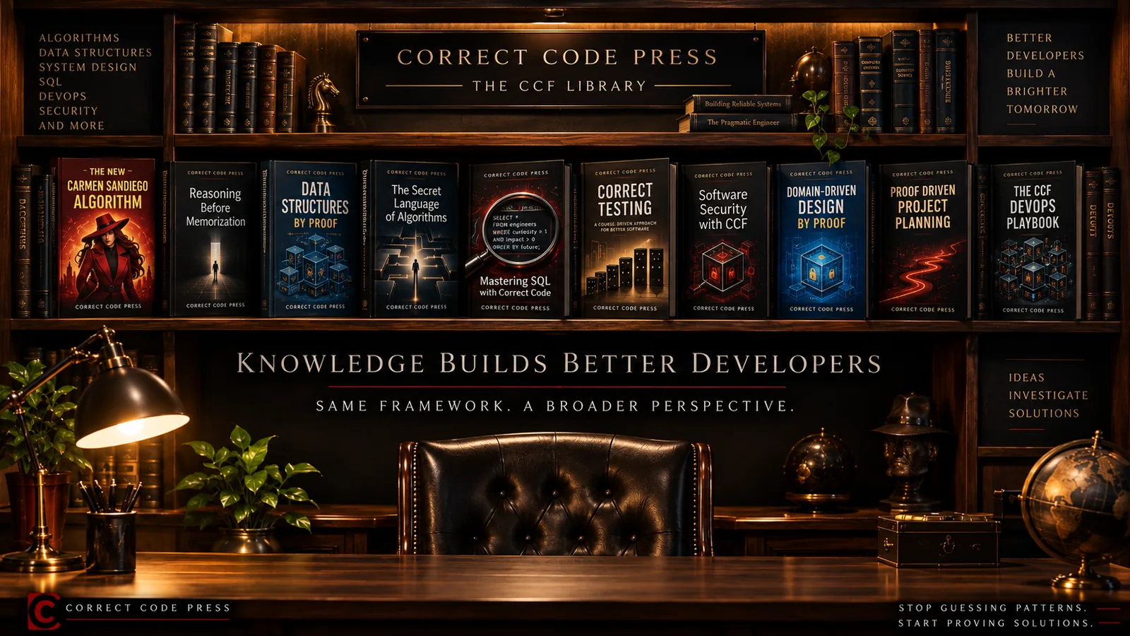 Correct Code Press bookshelf showing the progression from Case Files to advanced engineering books