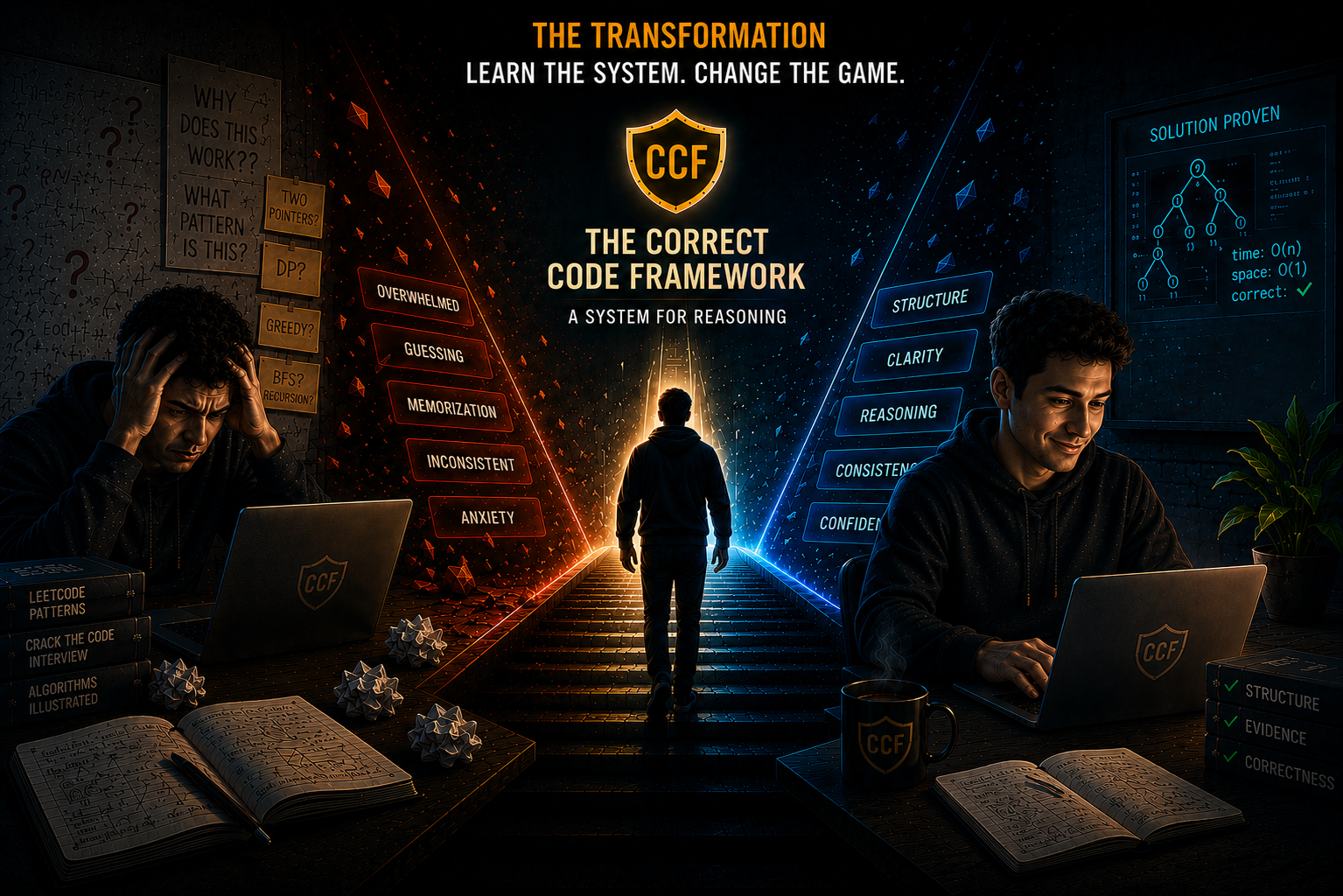 Before and after learning the Correct Code Framework: from reactive problem solving to structured, confident reasoning.