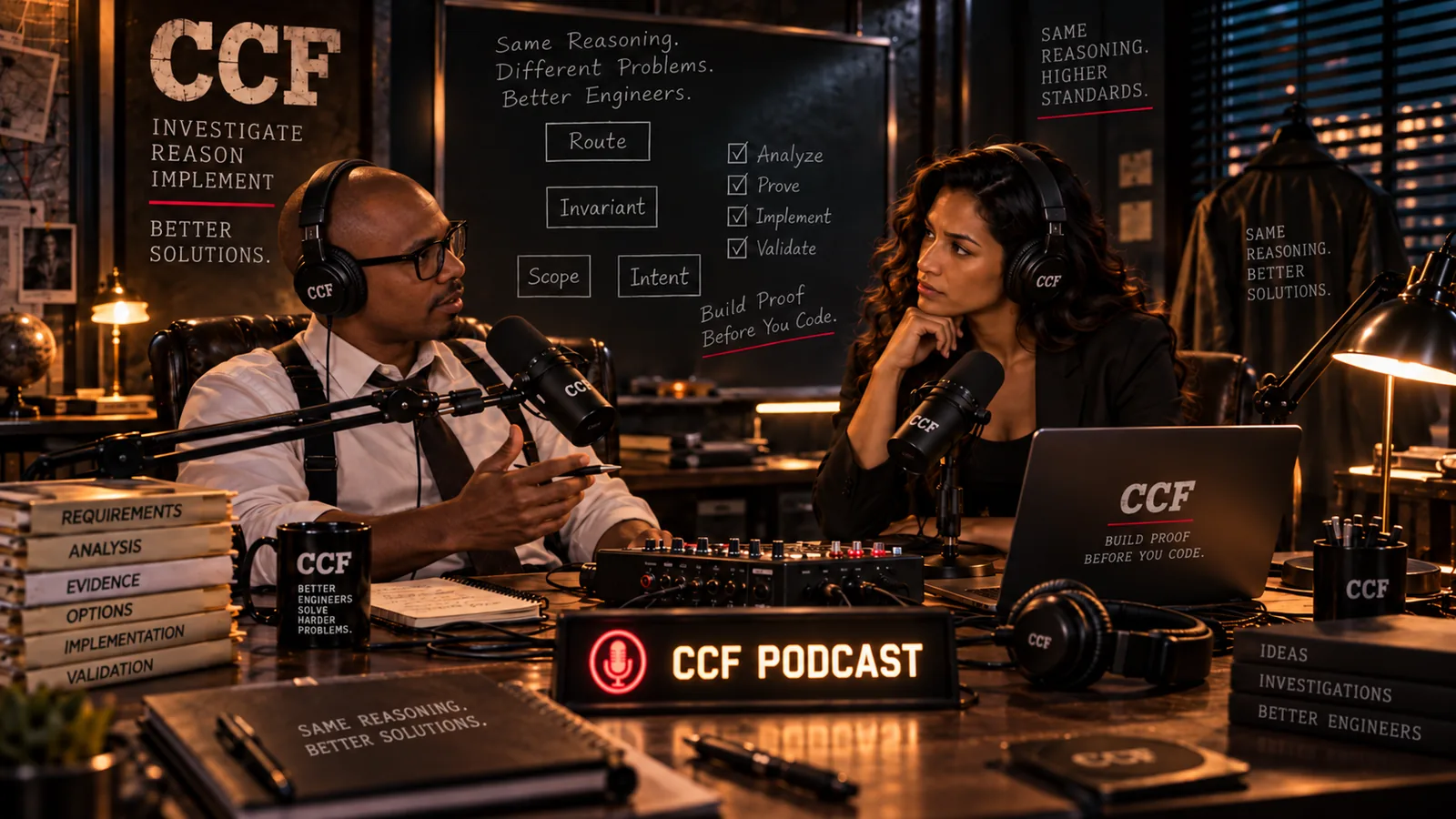 Two engineers recording the CCF Podcast while discussing Scope, Intent, Invariant, and Route.